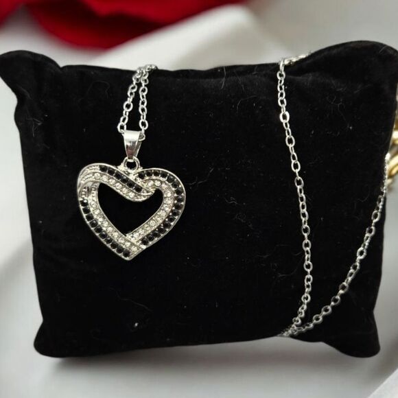CZ Heart Necklace Double Layer Silver Black Zircon Open Pendant Sparkly Jewelry - Picture 6 of 7